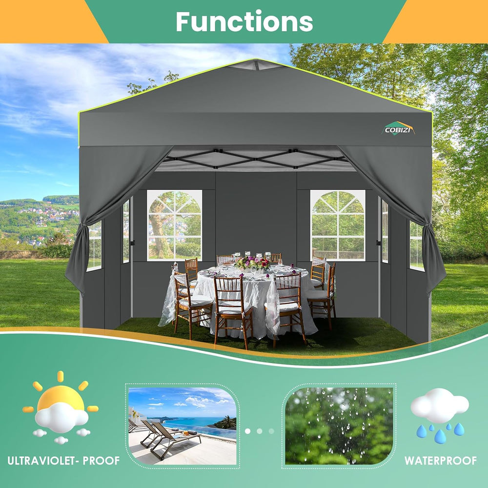 COBIZI 10x10 Pop Up Canopy - One Push Setup Tent, Glow Strips, 4 Sidewalls