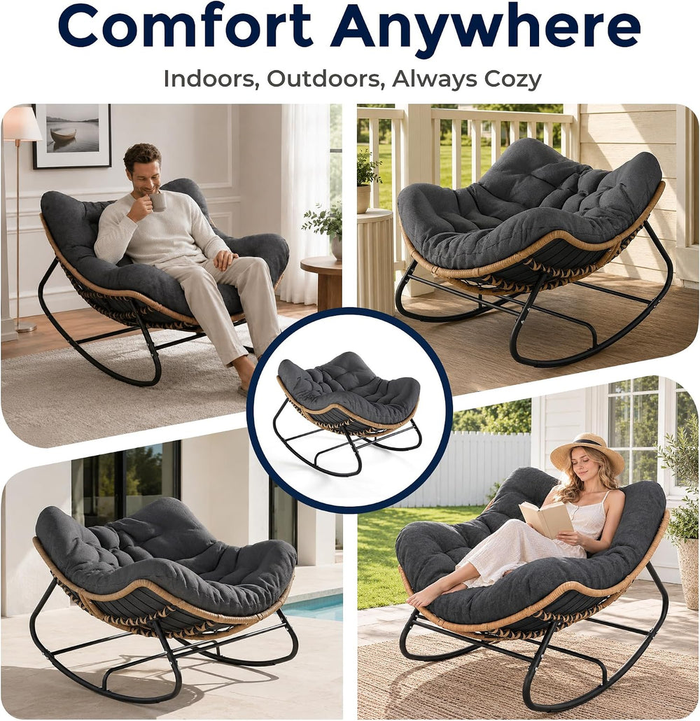 SWITTE Papasan Rocking Chair, Outdoor Wicker Egg Rocker with Cushion, Grey