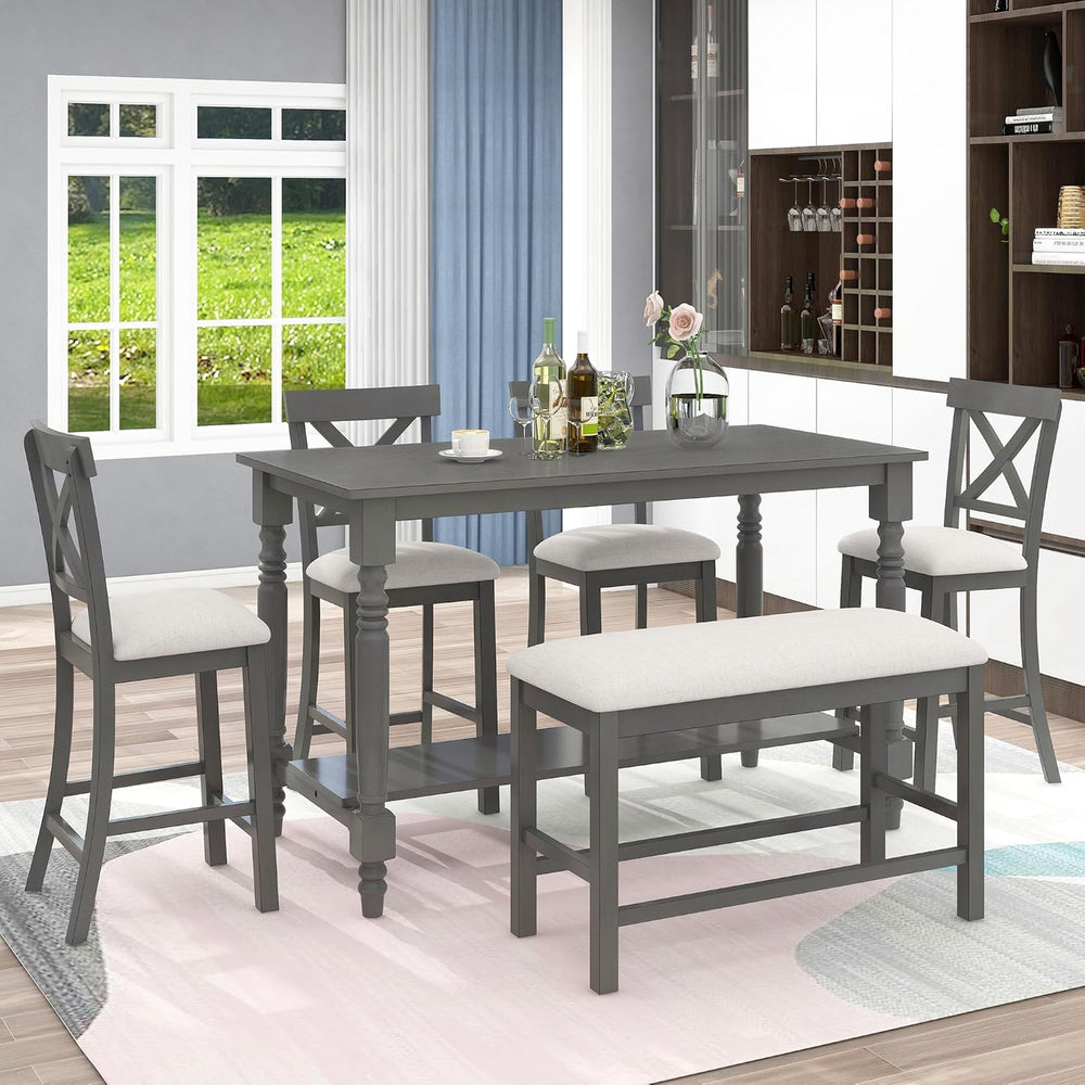 LUMISOL Counter Height Kitchen Table Set with Bench and Chairs for 6 Rustic S...