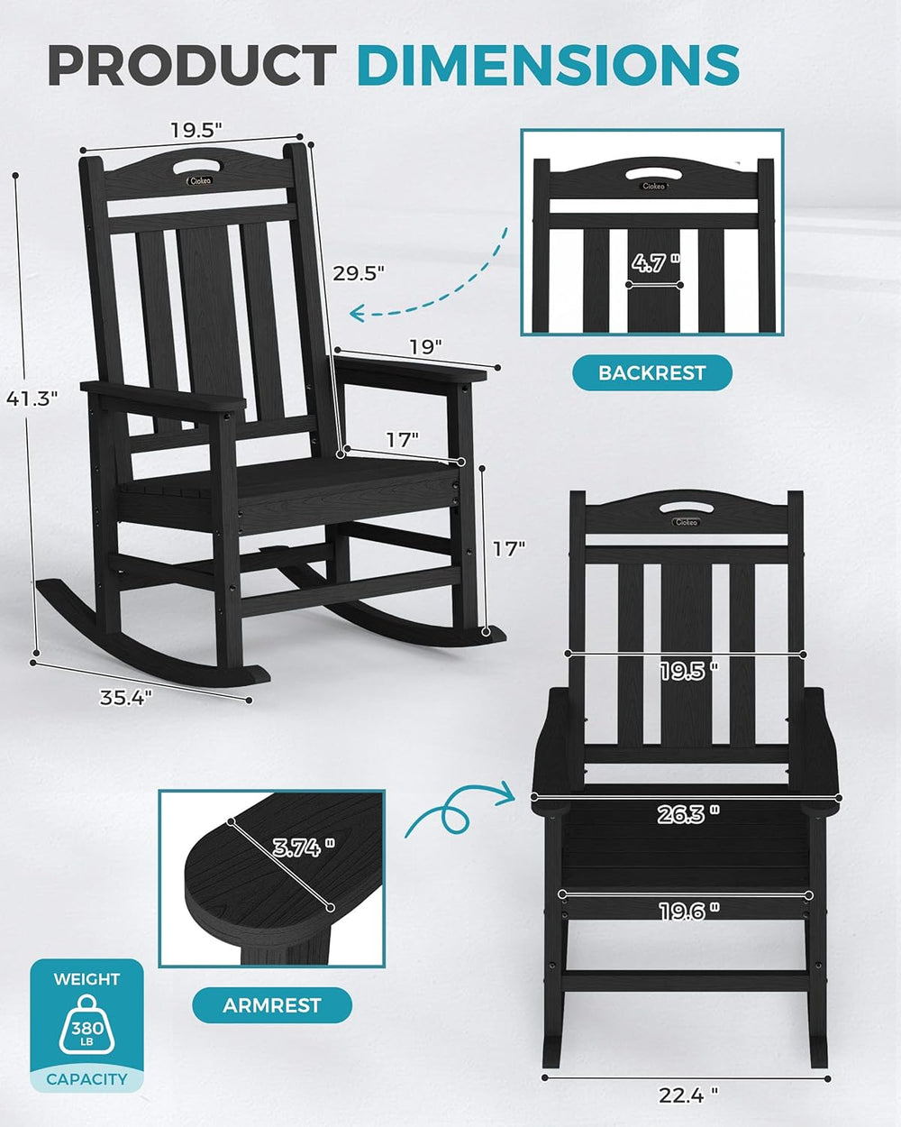 Ciokea Oversized Outdoor Rocking Chairs Set of 6, 380lbs Heavy-Duty Large Pat...