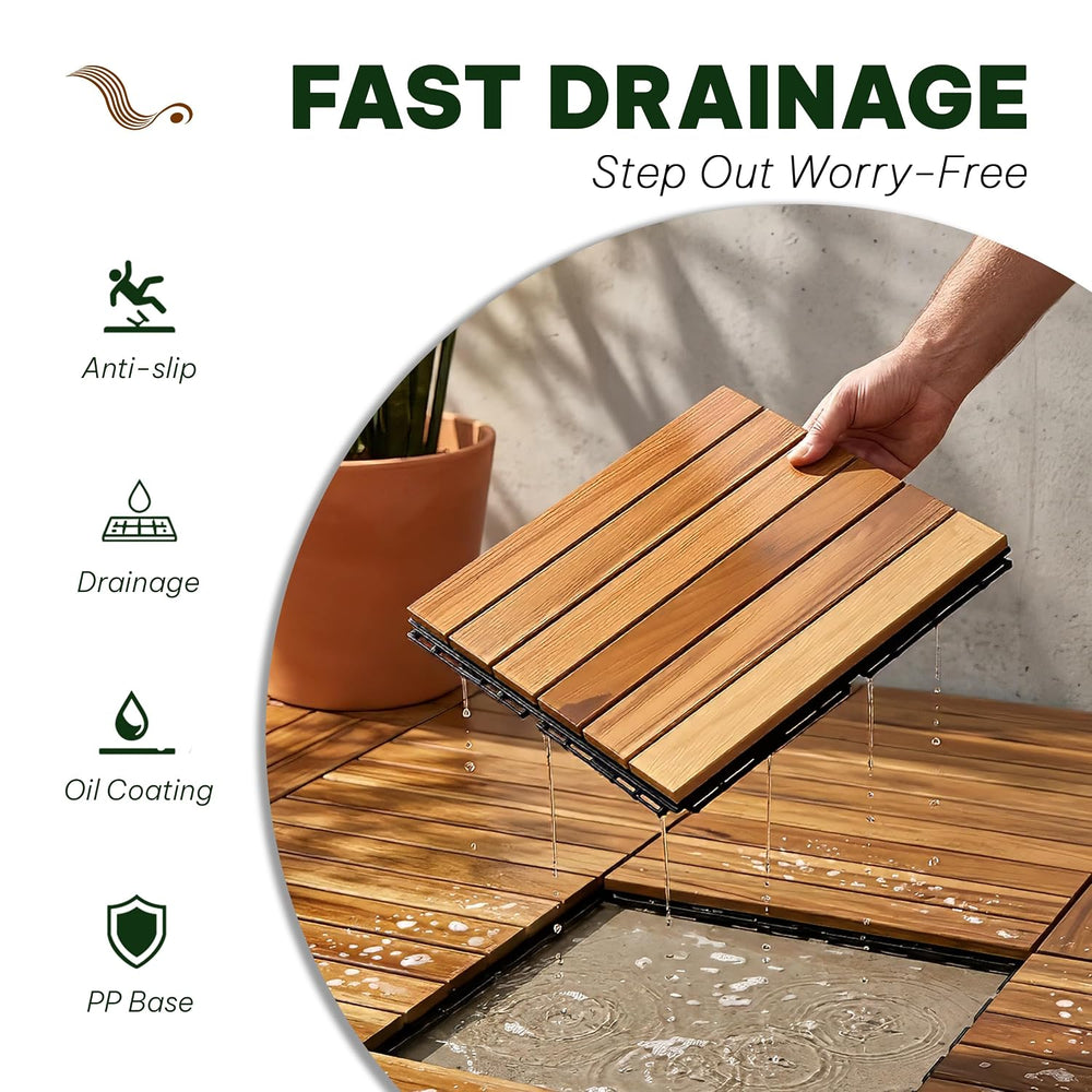 Acacia Interlocking Deck Tiles, 10 PCS Wood Flooring, 6 Slats, Honey Oak