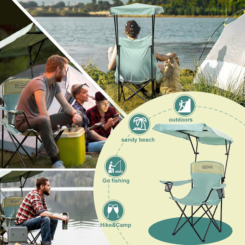 YOUNG WOOD Camping Chair with Canopy, Beach Chair with Shade,Portable,Lightwe...