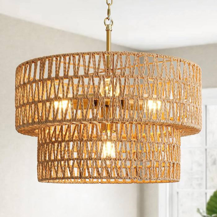 17.8" Boho Rattan Chandelier Light Fixtures, 4-Light Rattan Pendant Light