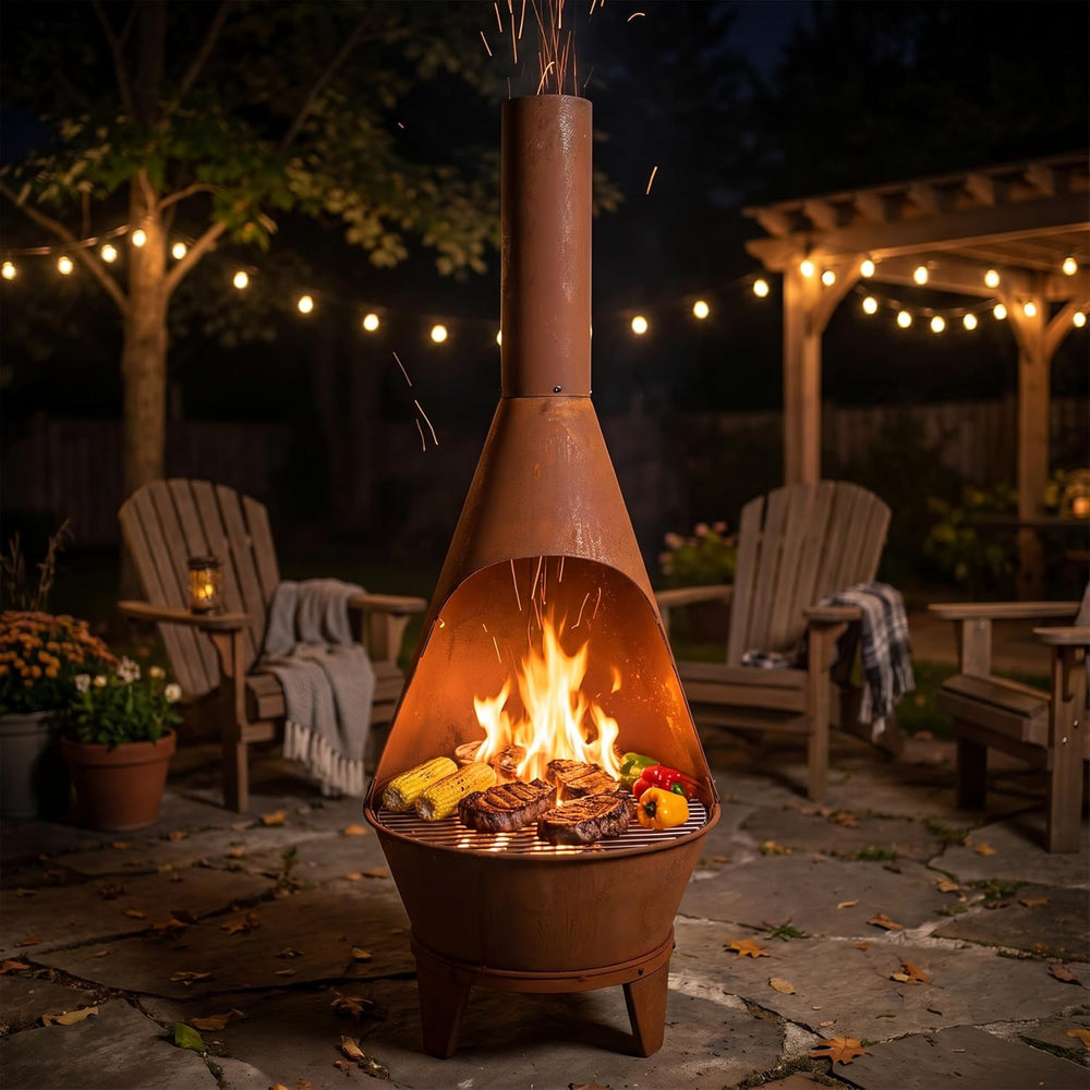 Sunnydaze Large Chiminea Outdoor Fireplace with Grill Grate, Rustic, 58"