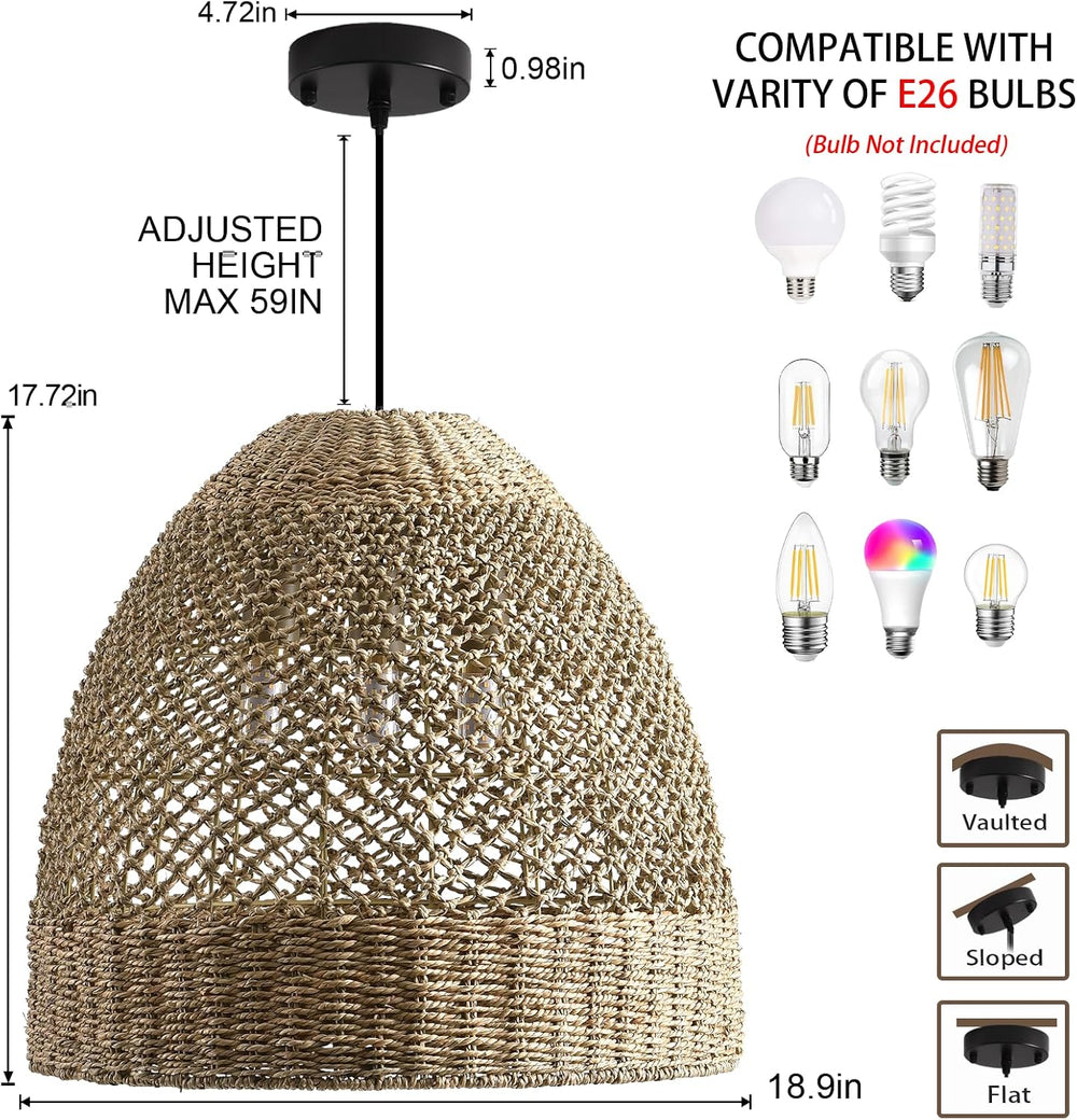 18.9in Woven Large Rattan Chandelier Wicker Pendant Light Fixture