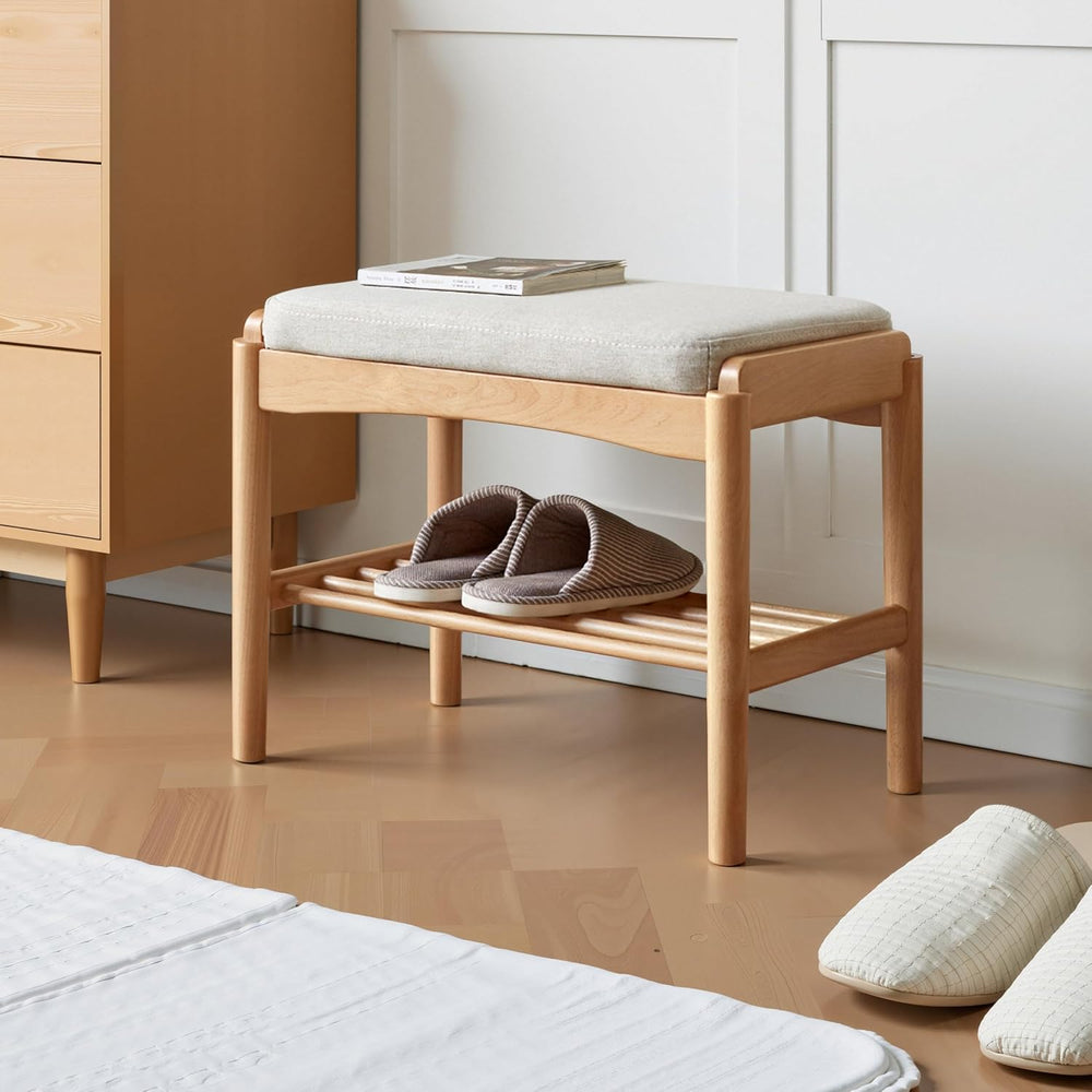 Solid Wood Shoe Bench, Small Entryway Bench with Light Gray Cushion