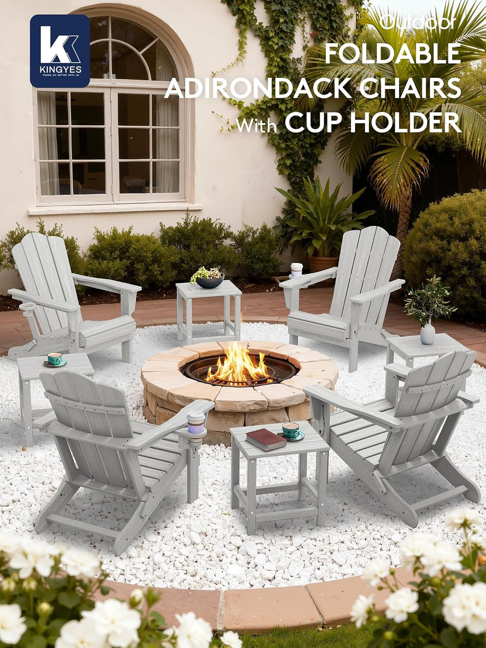 KINGYES Folding Adirondack Chair with Cup Holder, Silver Grey