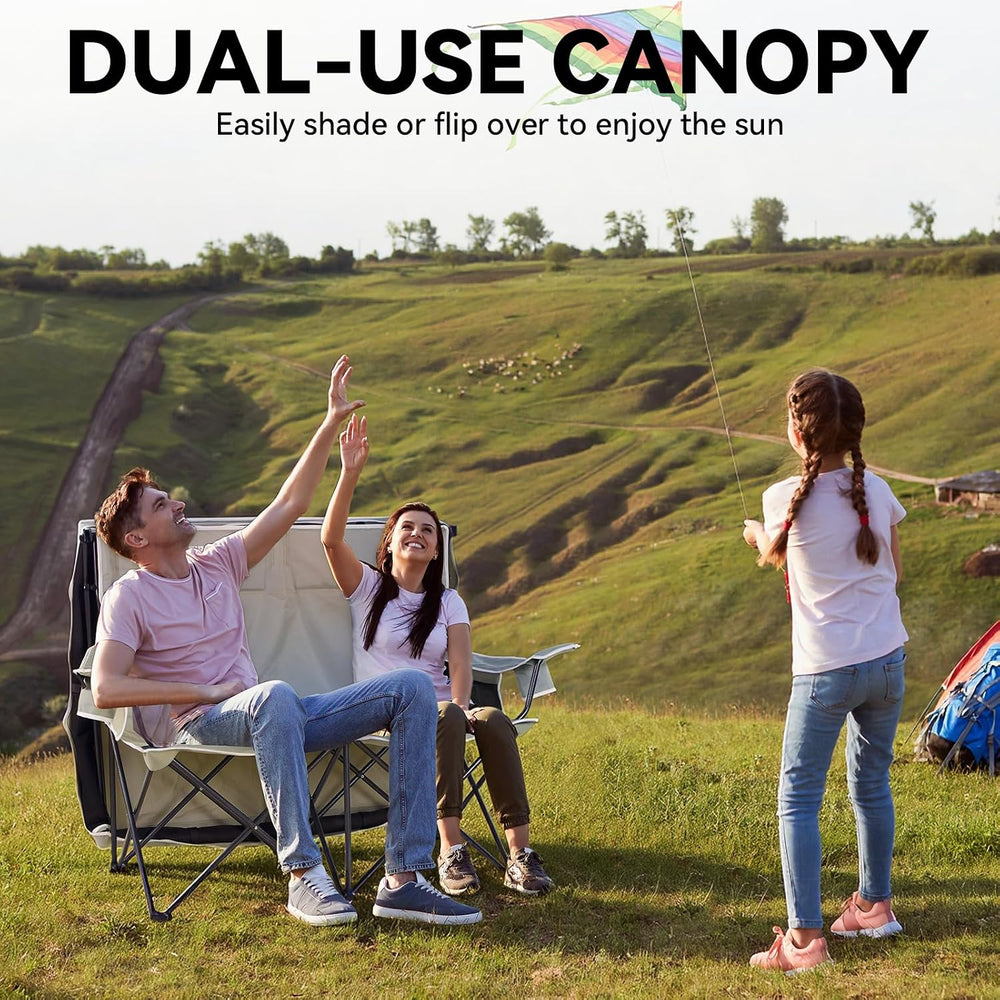 Double Camping Chair with Canopy,2 Person Folding Chair with Canopy, Green