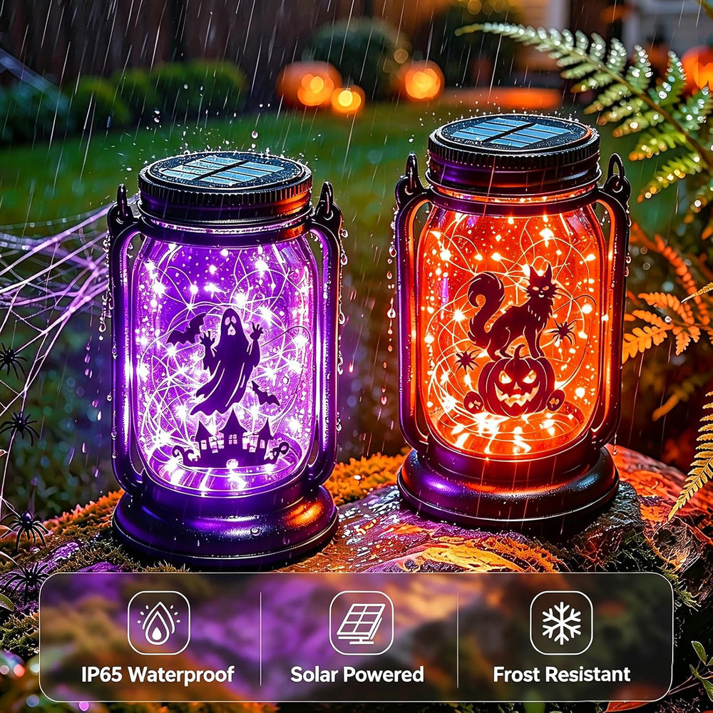 Halloween Solar Lanterns-Ghost &Cat Pumpkin Decor Hanging Mason Jar Lights
