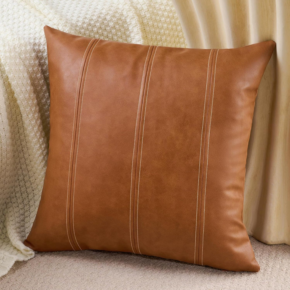 Faux Leather Decorative Throw Pillow Cover 24x24 Inch Cognac Brown Modern Far...