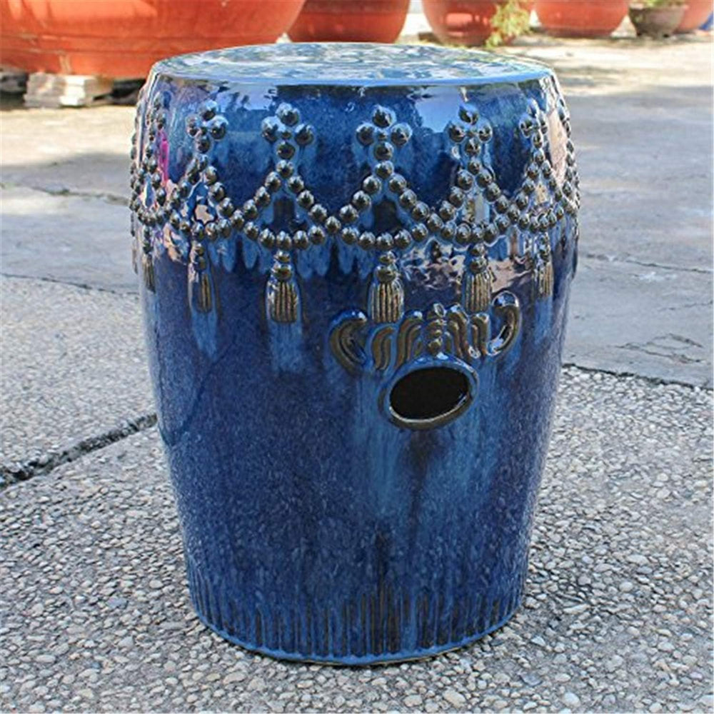 International Caravan Furniture Piece Navy Blue Tasseled Drum Creamic Garden ...