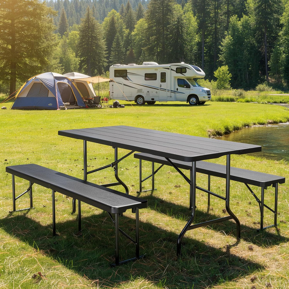 Bonnlo Black Folding Picnic Table Set with 2 Benches, 6 Feet Camping Table Ch...