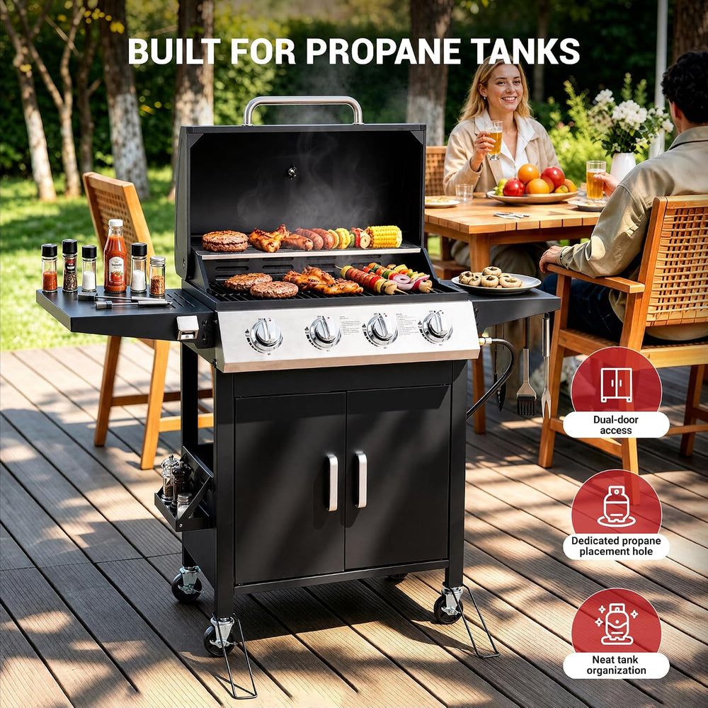 HUGROVE 4-Burner Propane Gas Grill for Outdoor Cooking 40000 BTU Black