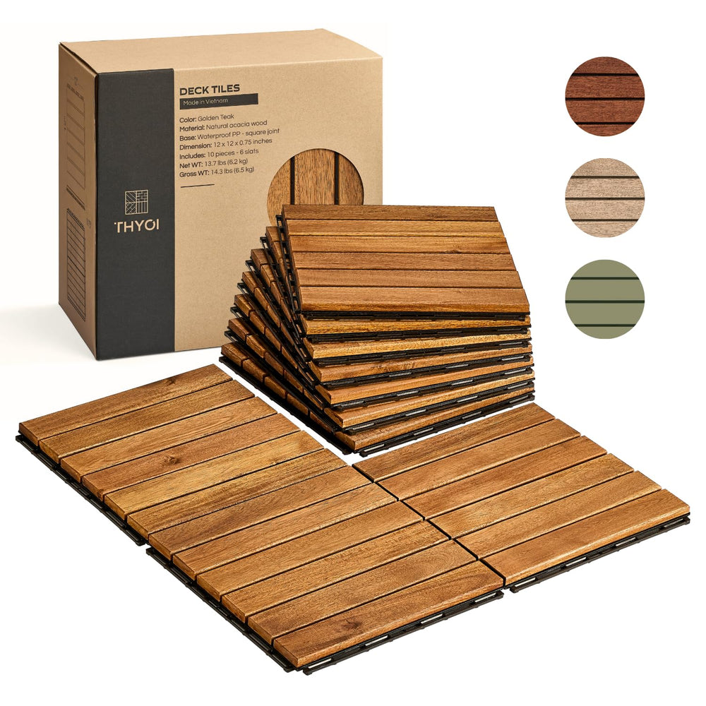 THYOI Premium Deck Tiles, 10 Pcs Patio Flooring - Golden Teak - Striped