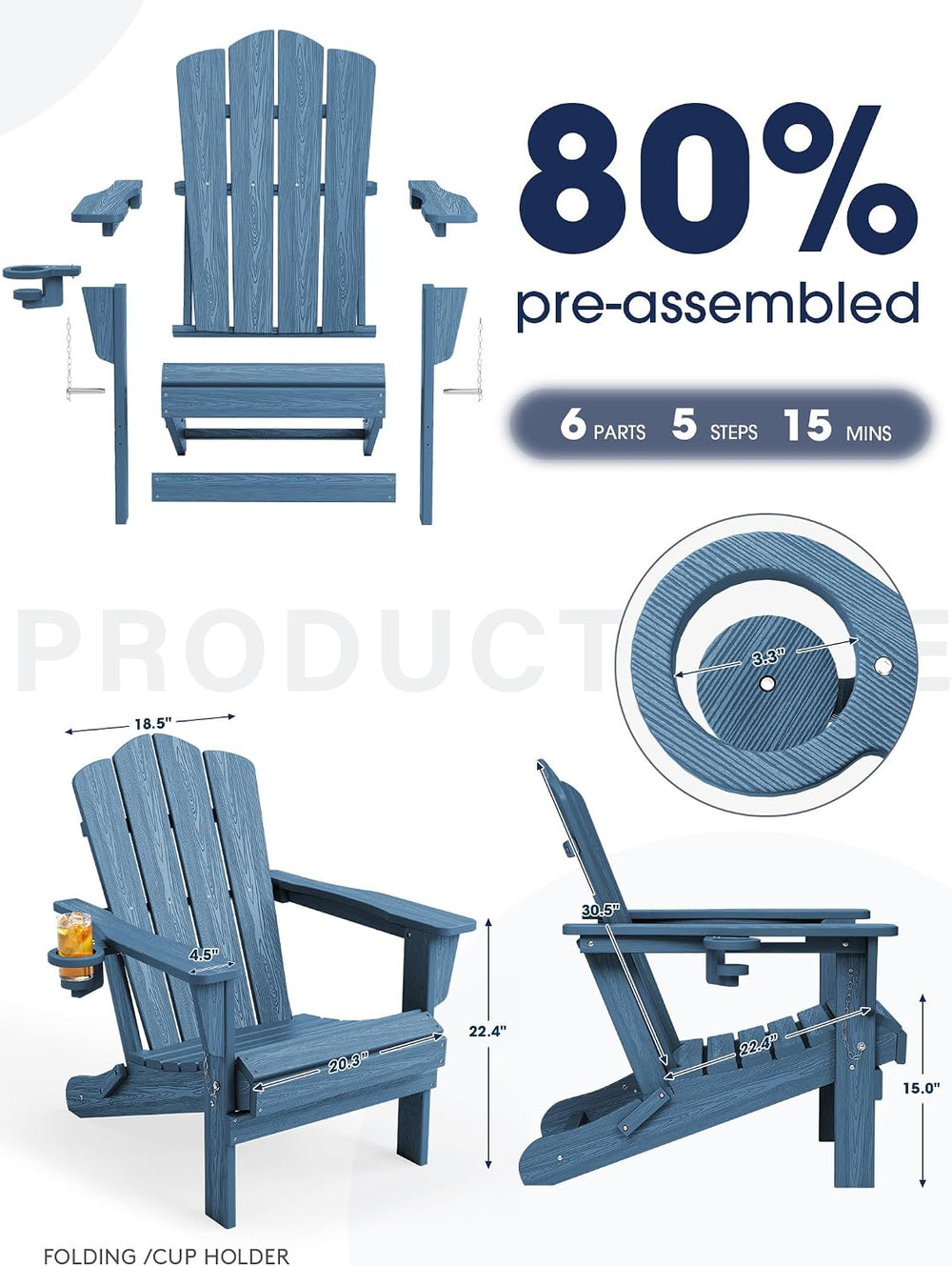 KINGYES Folding Adirondack Chair Set of 6 with Cup Holder, Navy