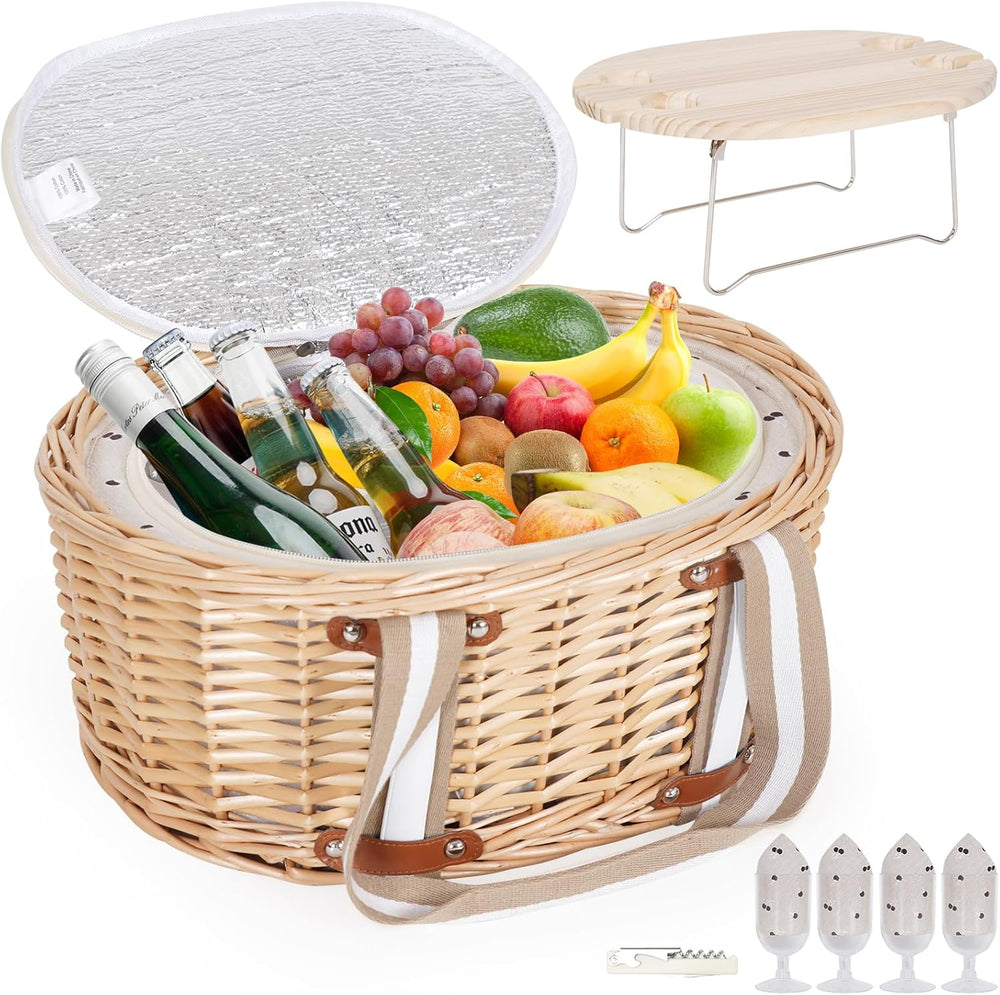 Picnic Basket Set for 4 - Wicker Insulated Picnic Basket