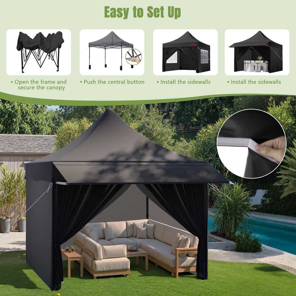 10x10 Heavy Duty Pop Up Canopy Tent with Awning and Sidewalls, Black