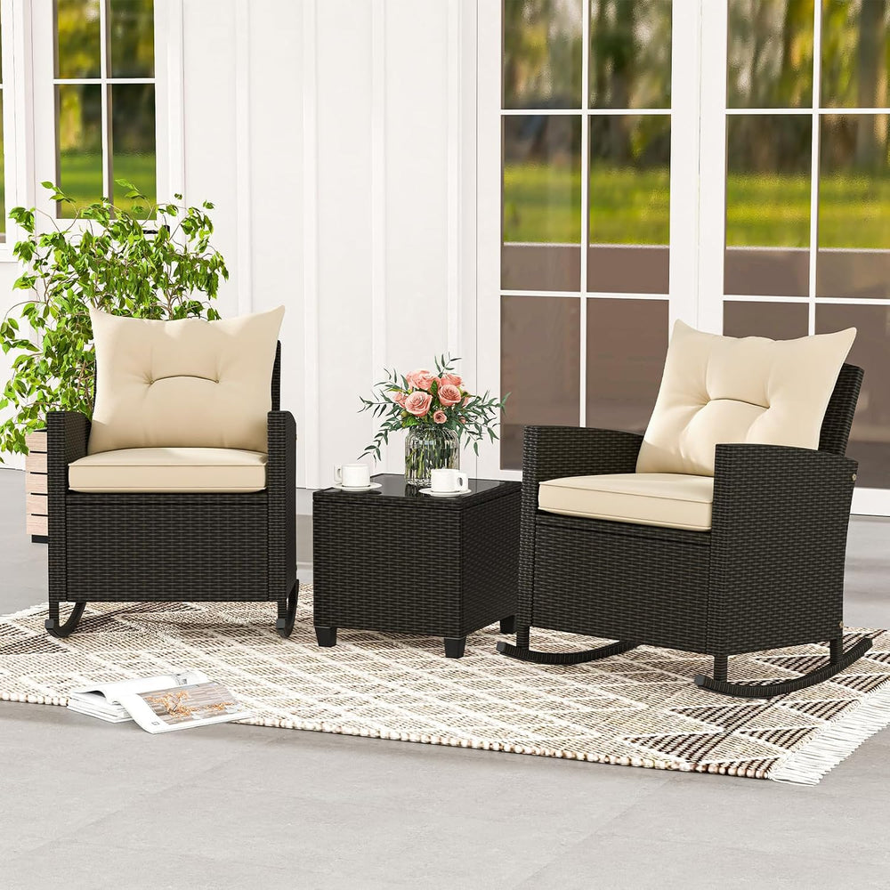 KOTEK 3 Piece Patio Furniture Rocking Bistro Set, Wicker Outdoor Rocking Chai...