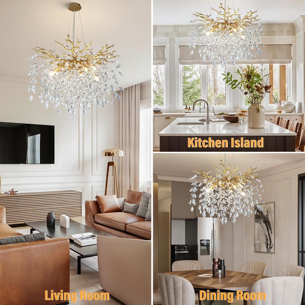 23.6" Modern Gold Tree Branch Chandelier, 8-Light Crystal Chandelier, Lu...