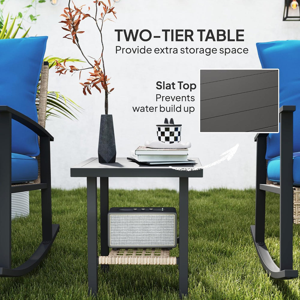 Outsunny 3 Pieces Rocking Wicker Outdoor Bistro Set Porch Chairs Dark Blue