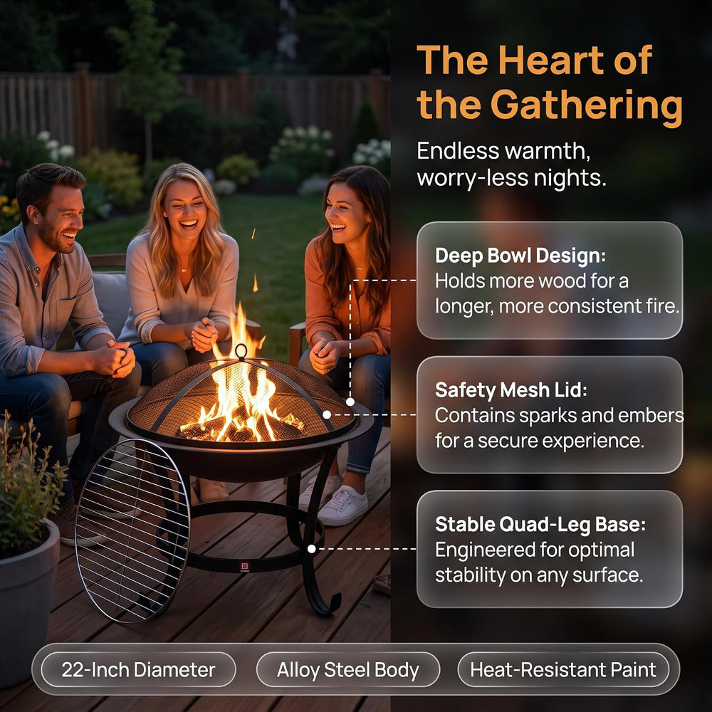 Fire Beauty 22" Wood Burning Fire Pit with 2-in-1 BBQ Grill & Spark ...