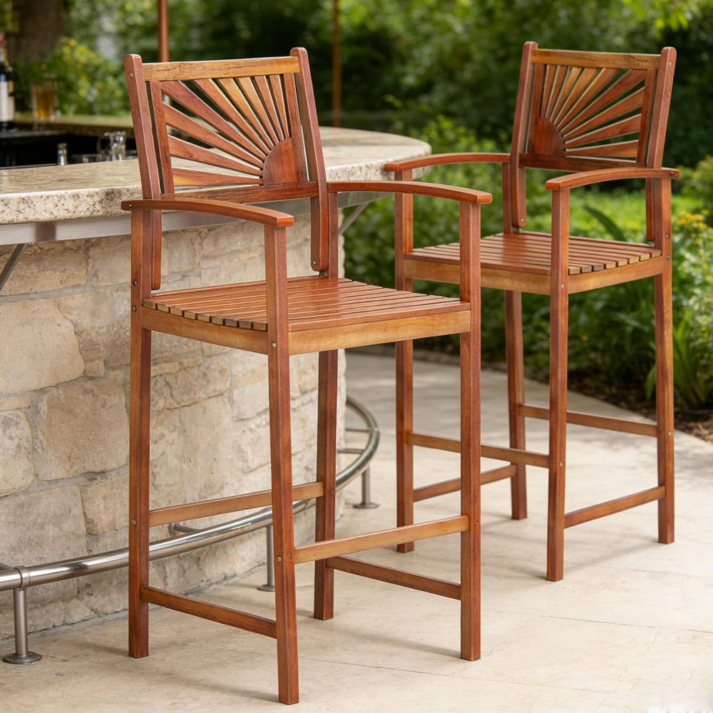 COSTWAY 29'' Outdoor Acacia Wood Bar Chairs Set of 2 with Back and Ar...
