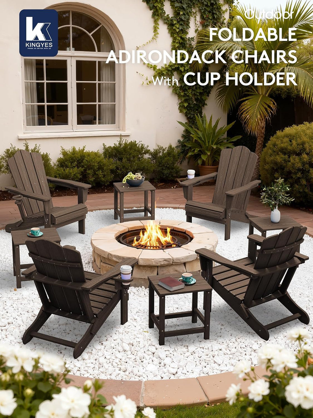 KINGYES Folding Adirondack Chair Set of 6 with Cup Holder, Coffee
