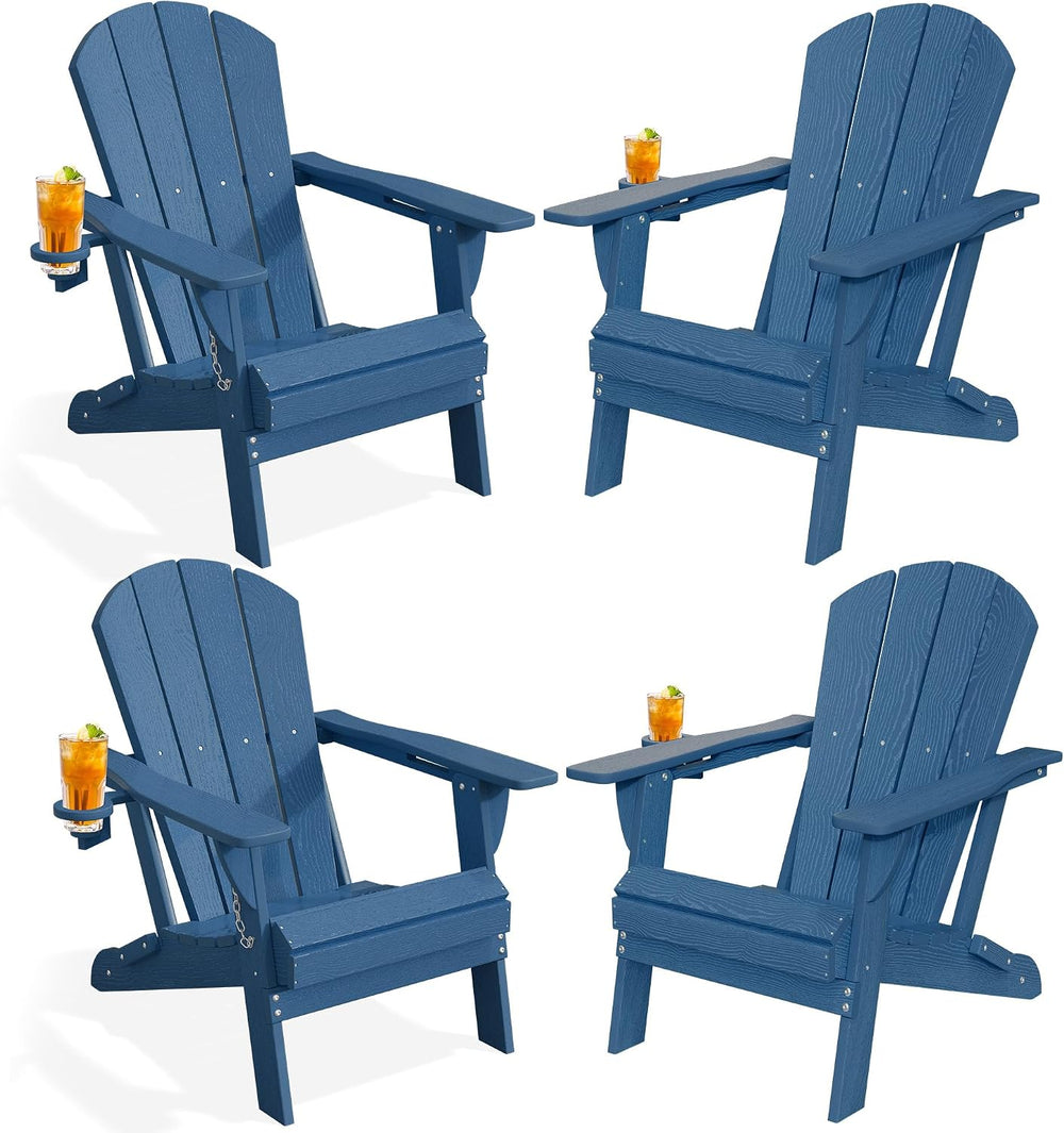 PLUUV Adirondack Chair Set of 4, Fire Pit Chairs with Cup Holder, Navy