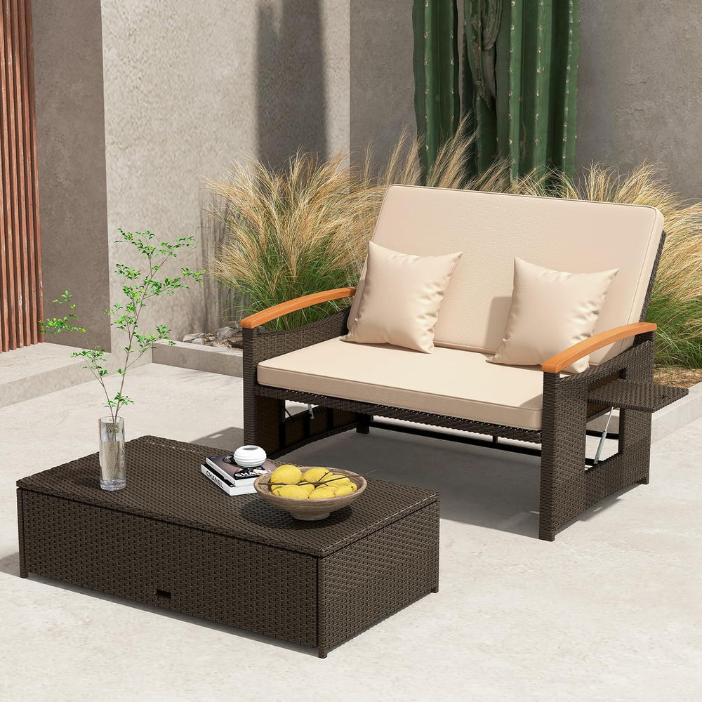 Tangkula Patio Rattan Daybed, Outdoor Wicker Loveseat, Mix Brown & Beige
