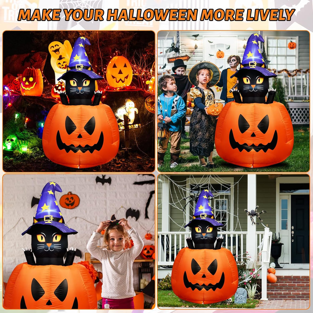 5.3 FT Halloween Inflatable Animated Witch Cat in Pumpkin, Blow Up Yard Decor...