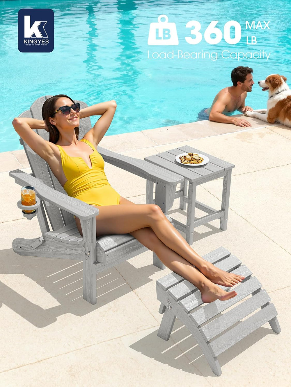 KINGYES Folding Adirondack Chair with Cup Holder, Silver Grey