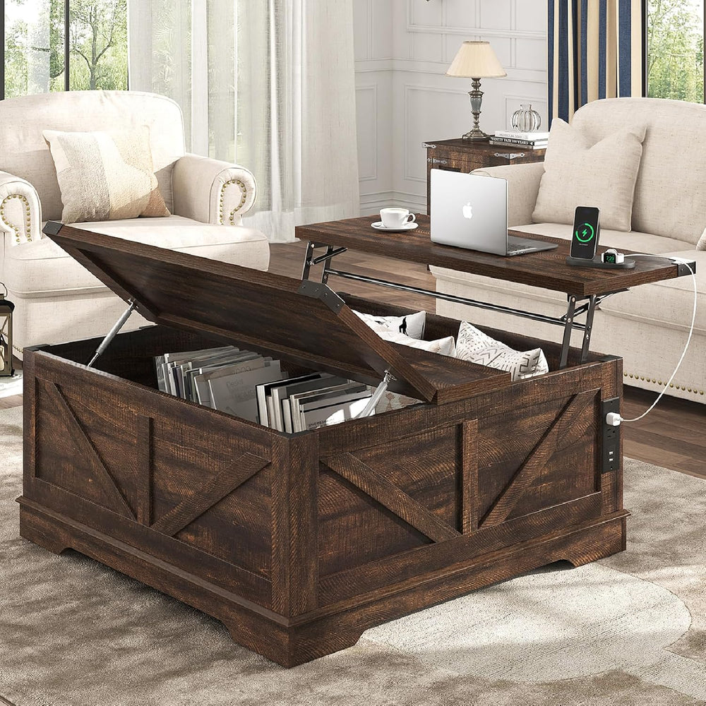 Hlivelood 40” Large Farmhouse Lift Top Coffee Table with Power Outlets and La...