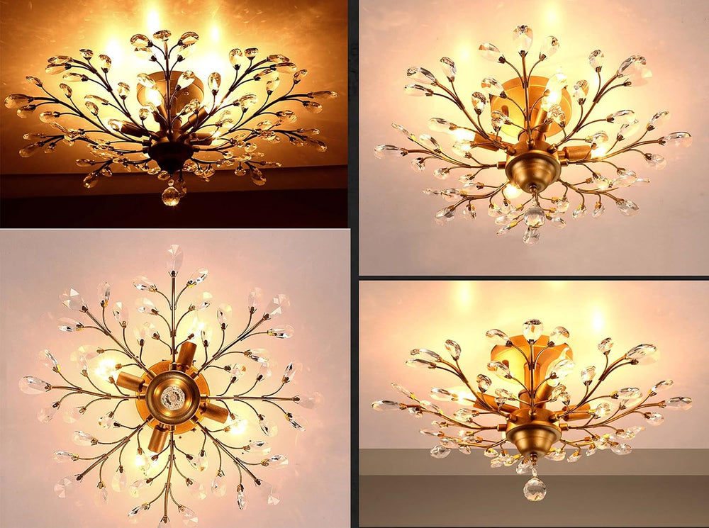 Garwarm Gold Flush Mount Chandelier, 4-Light Crystal Ceiling Light
