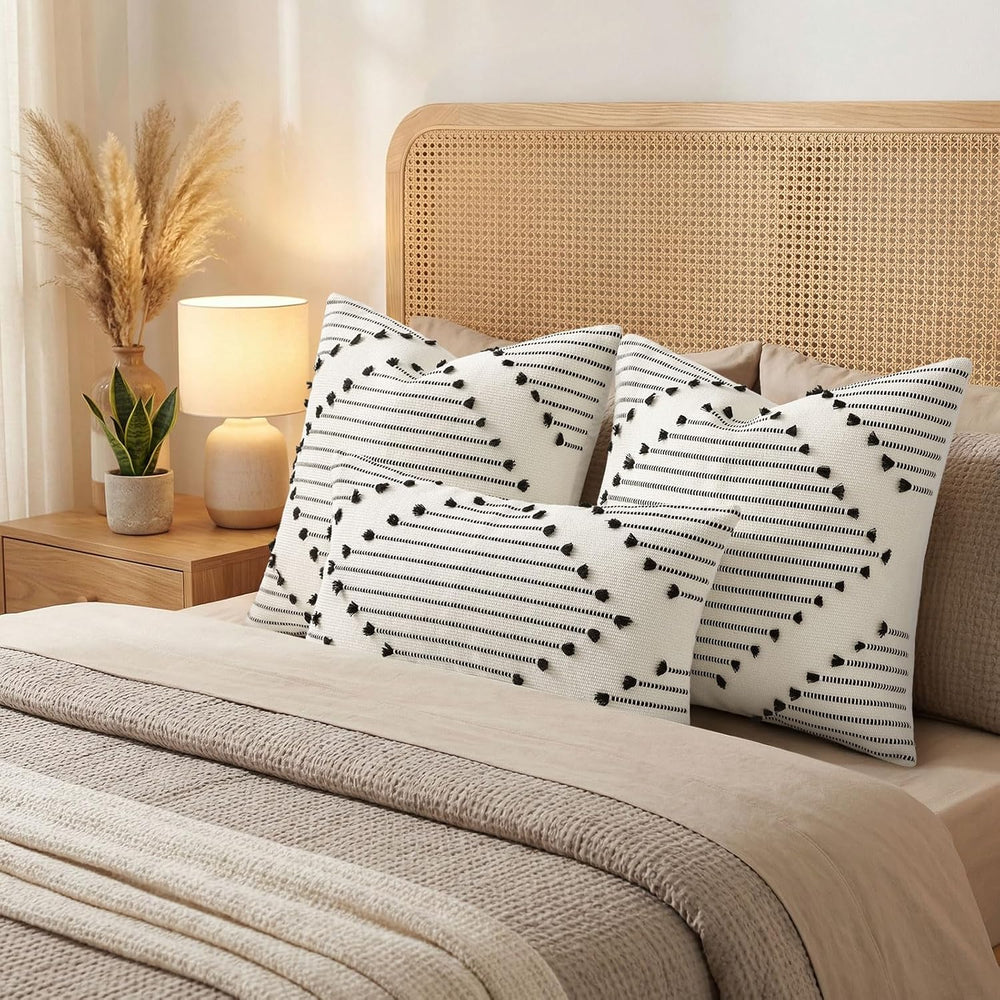 Mecatny Boho Outdoor Throw Pillow Covers 20x20 Set of 2 Black & Cream White