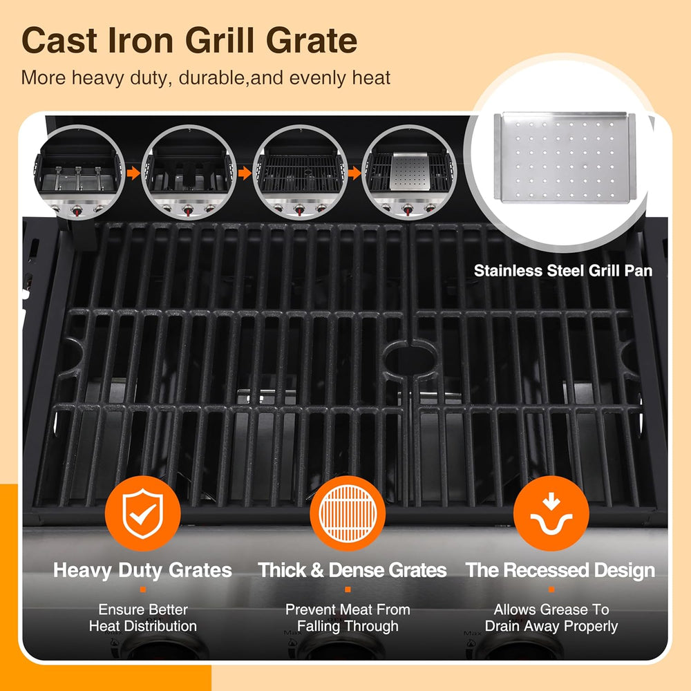 3-Burner Propane Gas Grill with Cast Iron Grates, 38200 BTU output,Foldable S...