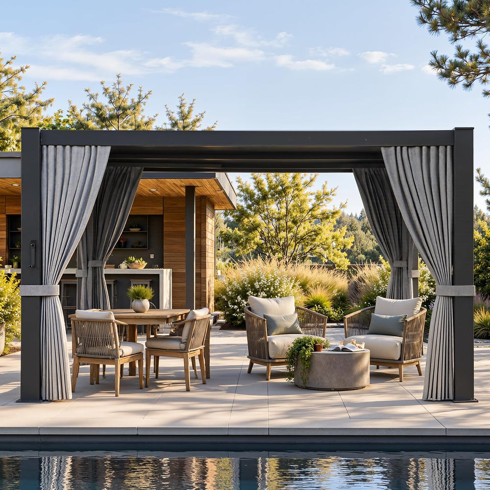 Aoxun Louvered Pergola 10x12 All-Aluminum, Waterproof Curtains and Netting