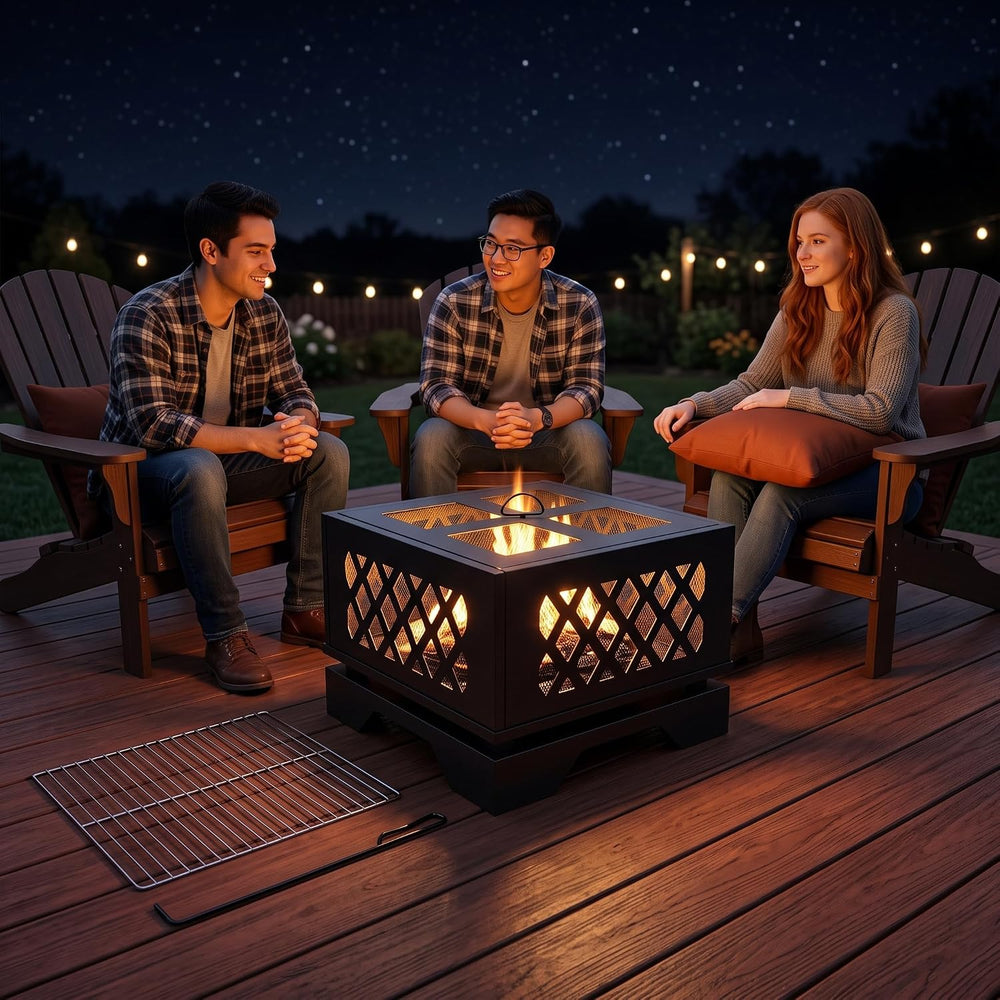 Kingson 20" Square Outdoor Fire Pit, 2-in-1 BBQ Grill, Heavy-Duty Steel
