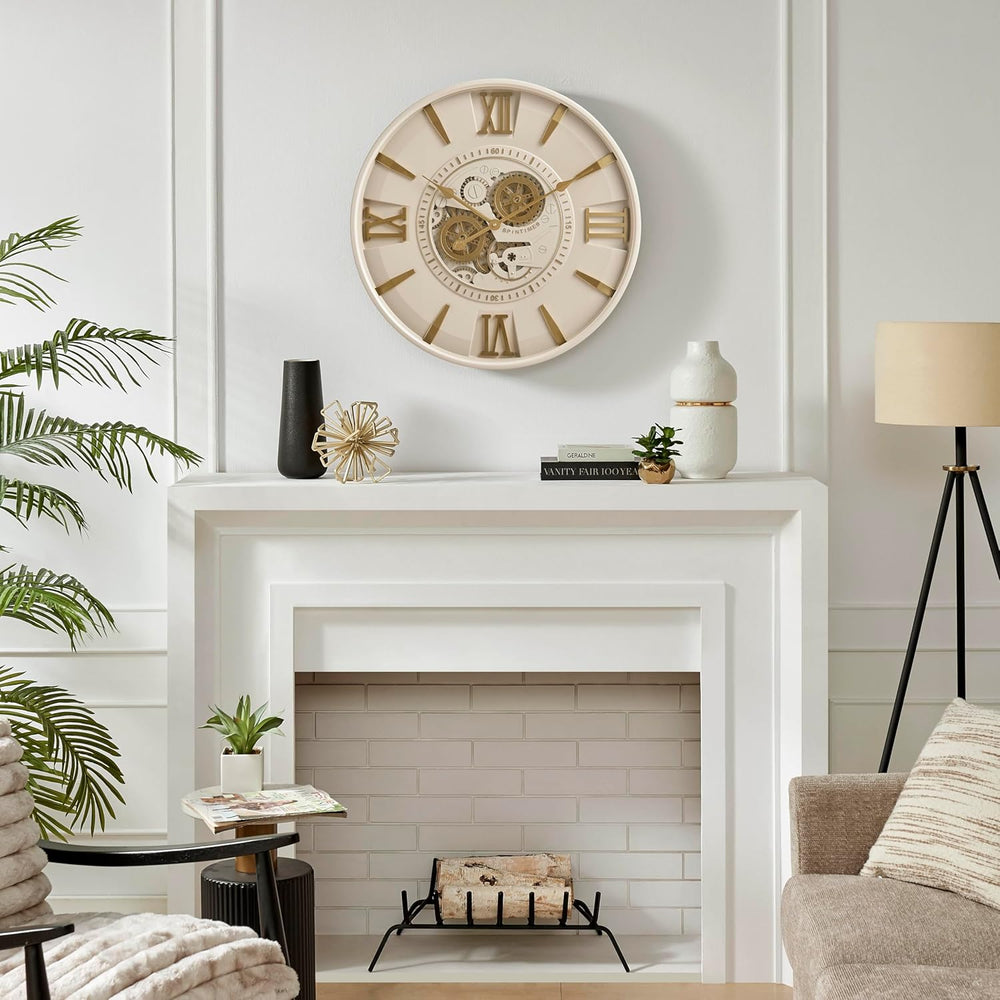 CLXEAST Mid Century Modern 24 Inch Moving Gear Walll Clock, Ivory &Gold