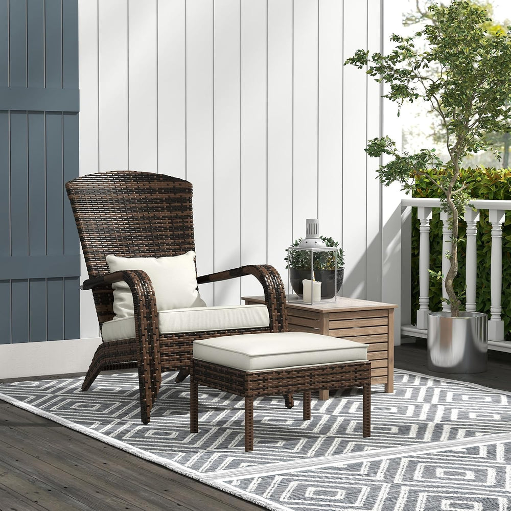 Outsunny Patio Wicker Adirondack Chair with Ottoman High-Back Cream White