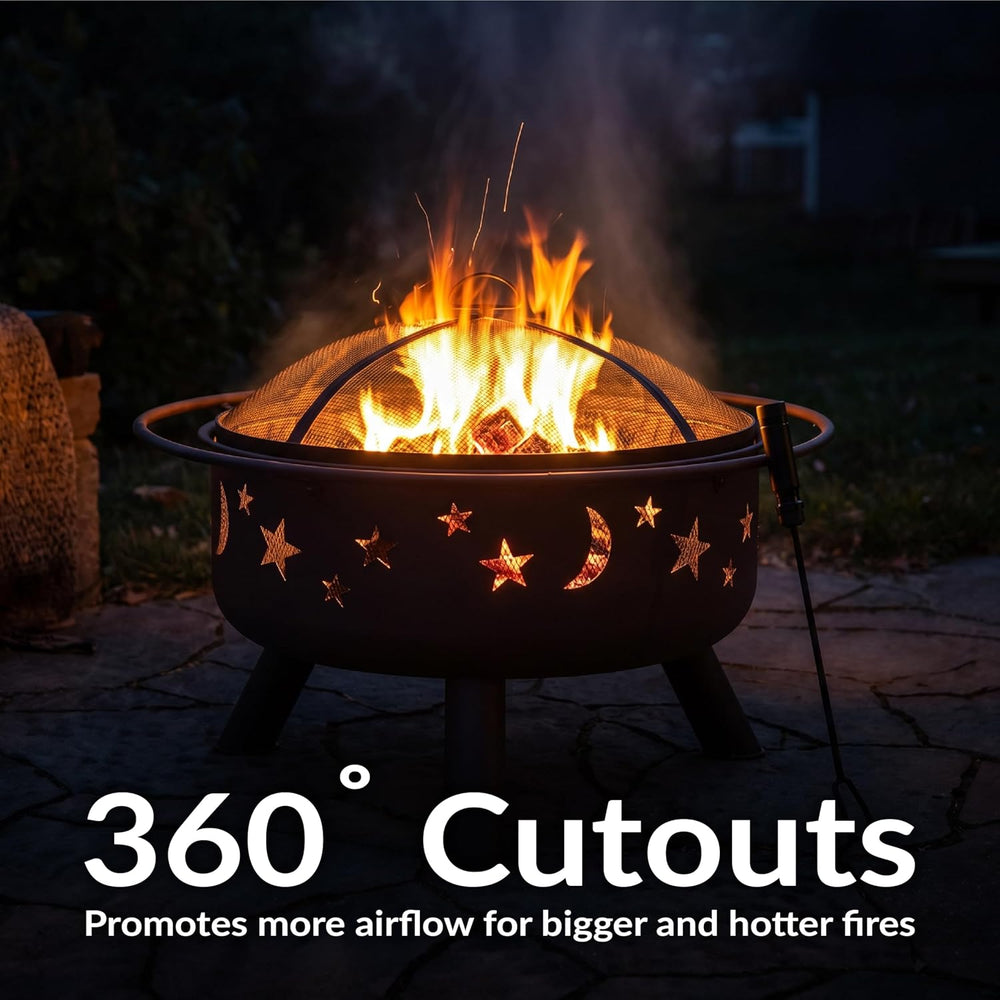 Sunnydaze Cosmic 30" Outdoor Wood Fire Pit with Grill Grate, Steel, Bronze