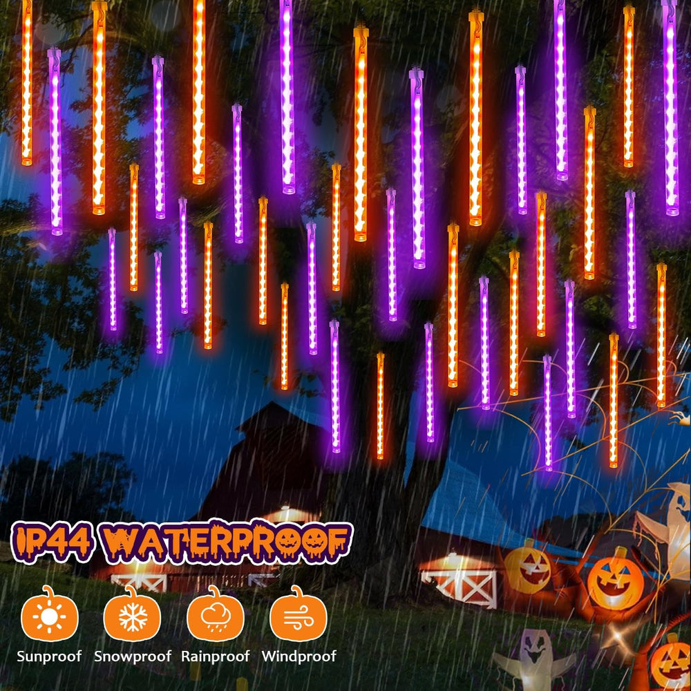 Halloween Meteor Shower Lights Outdoor 2 Pack 16 Tubes Orange and Purple