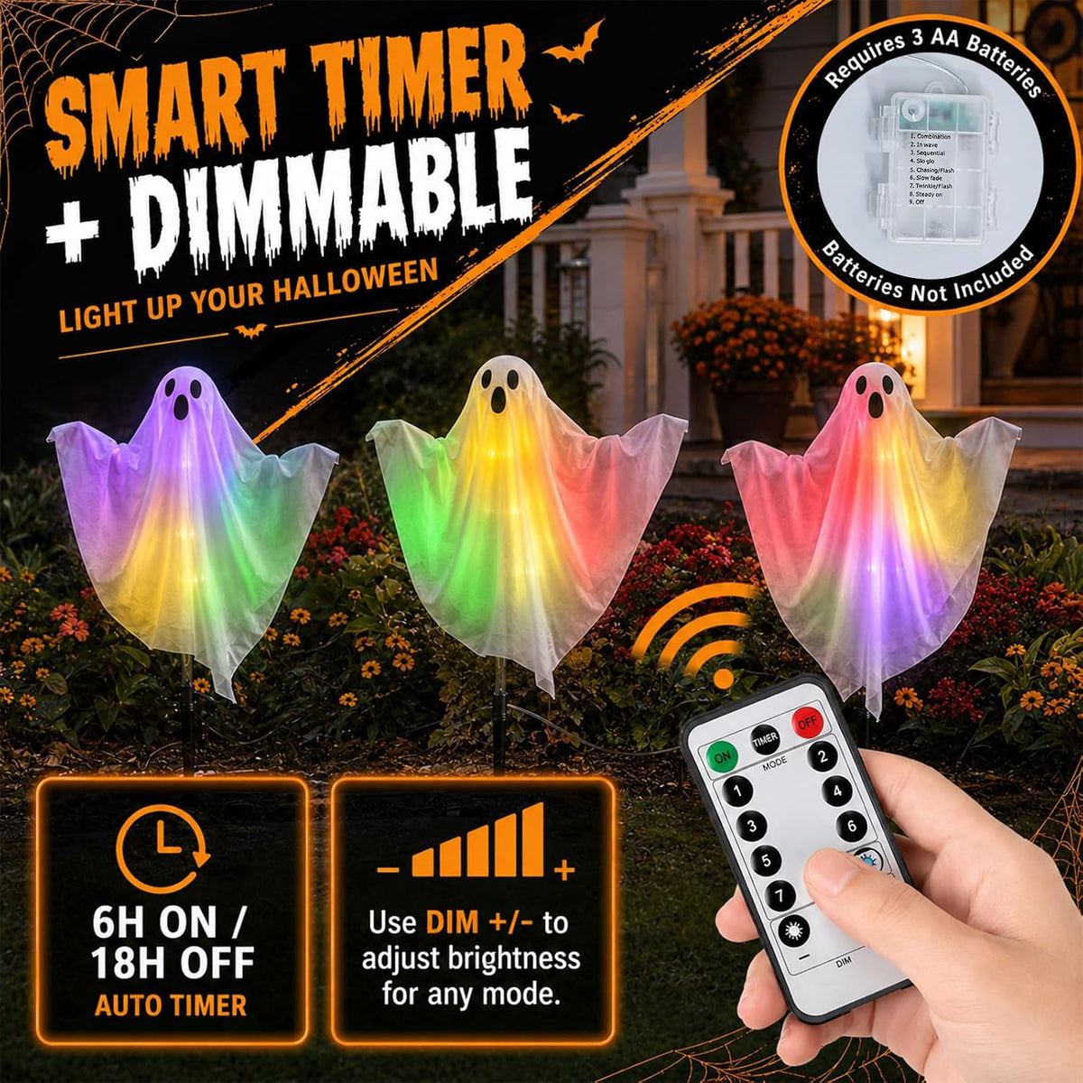 3 Pcs Halloween Lighted Ghost Stakes with Remote Control & Timer, 17.7 inch Glowing Ghost Yard Decorations, LED Outdoor Ghost Pathway Lights, Spooky Lawn Stake Decor for Halloween Yard, Garden,Party