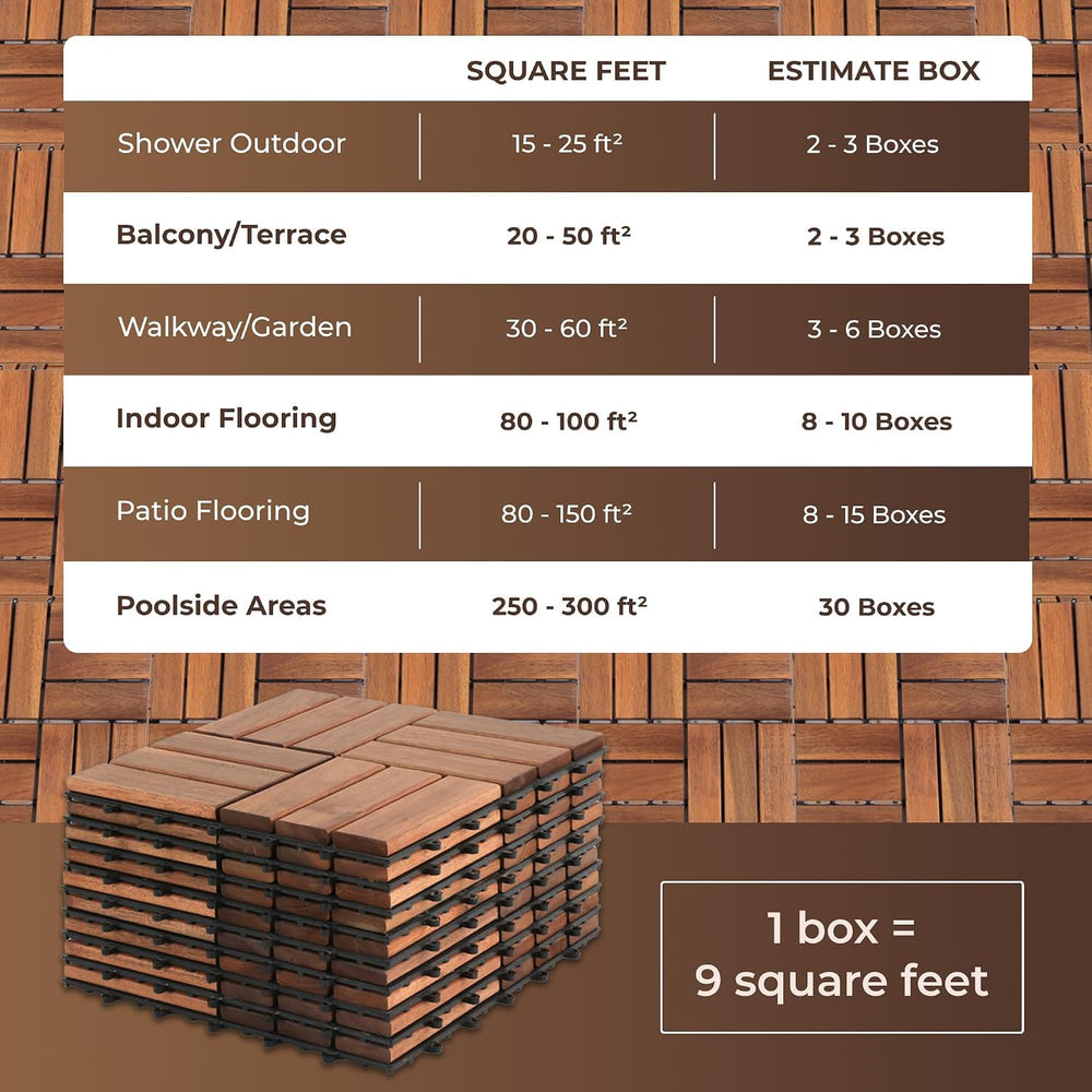 Set of 9 Deck Tiles for Balcony, Poolside, Outdoor Area - Solid Acacia Waterp...
