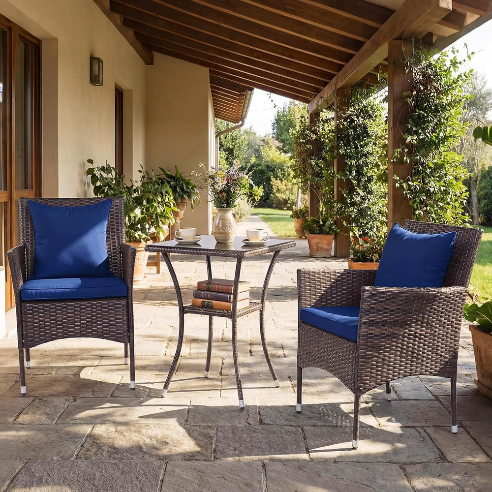 Tangkula 3 Pieces Patio Wicker Bistro Set, 2 Rattan Chairs w/ 2-Tier Tempered...