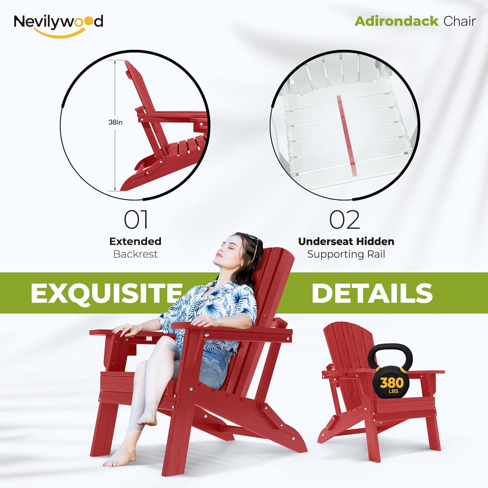 nevilywood Folding Adirondack Chairs Set of 2, HDPE Cup Holders, Red