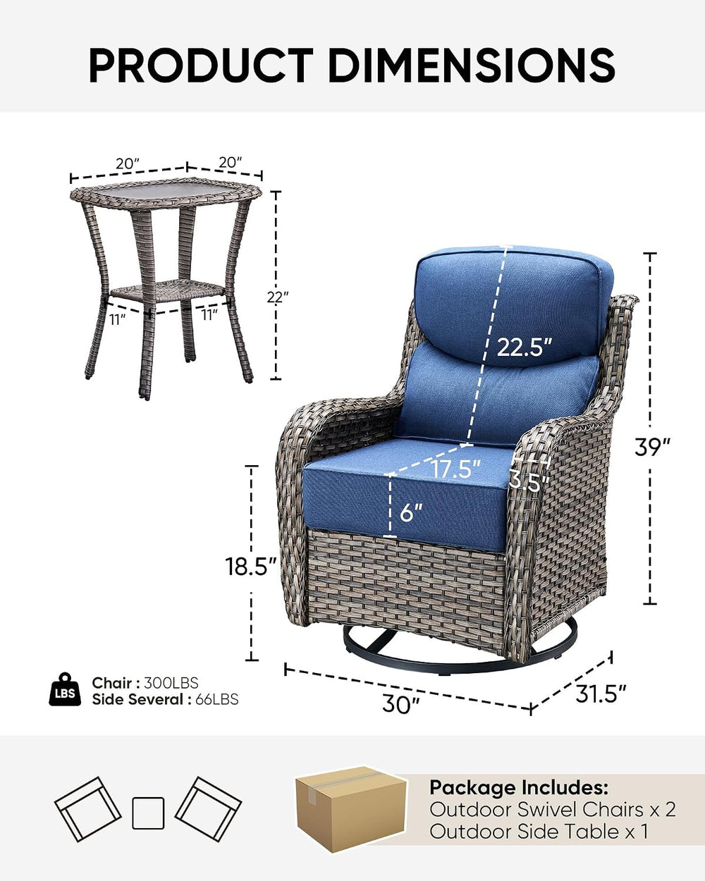 HUMMUH 3 Piece Wicker Swivel Rockers & Side Table, Grey/Blue