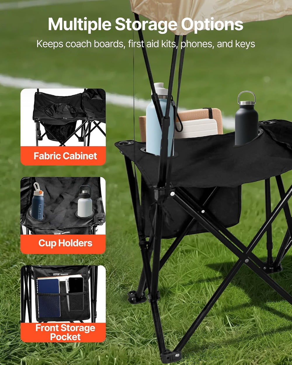 VEVOR Portable Folding Bench, 6 Seat Soccer Bench with Storage Pockets Cup Ho...