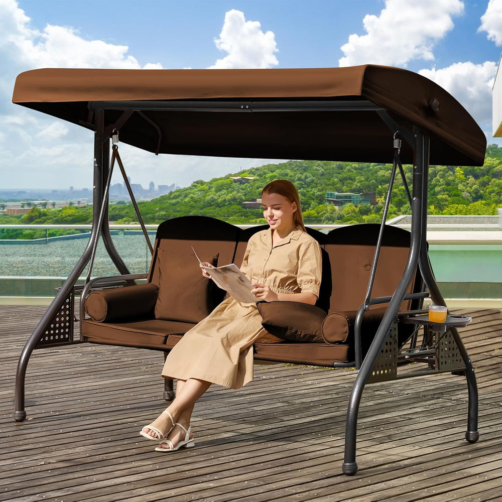 3 in 1 Outdoor Porch Swing with Adjustable Canopy, 3 Seat Outdoor Swing for A...