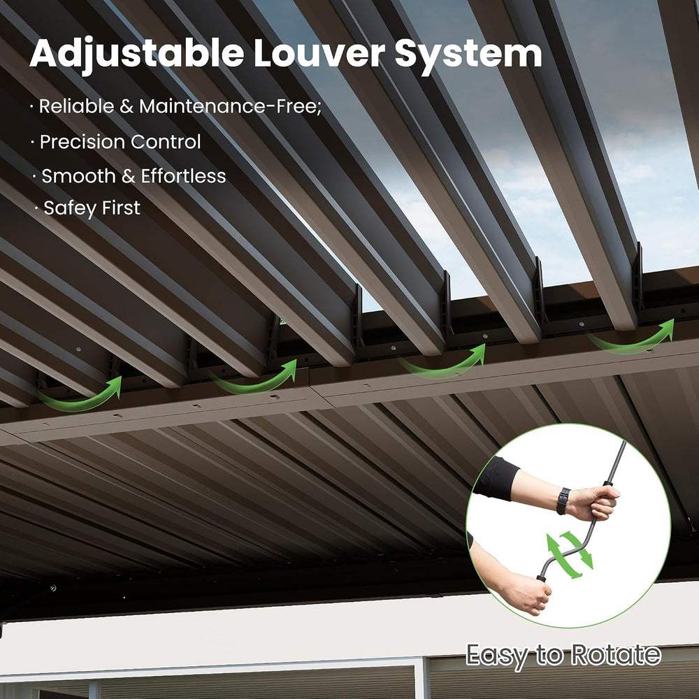 Domi Louvered Pergola 10x12, Outdoor Metal Pergola, Espresso Brown