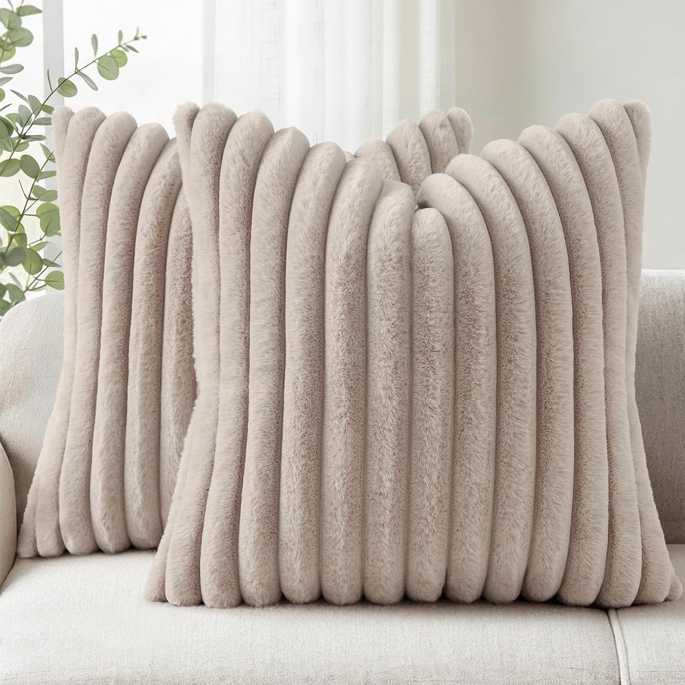 Simmore Faux Fur Striped Tan Throw Pillow Covers 26x26 Set of 2